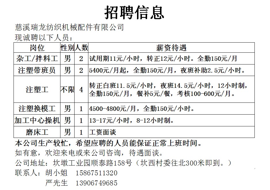 慈溪宏一最新招聘启事